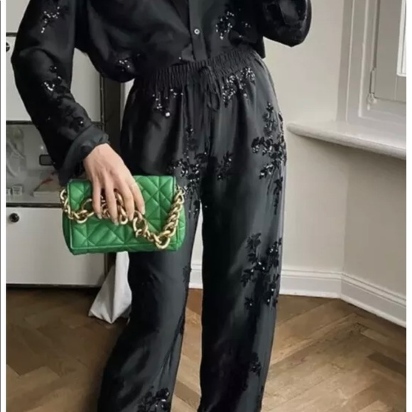 Zara | Pants u0026 Jumpsuits | Zara Woman Nwt Fw2 Gray Green Sequin Embroidered  Pants 2731338 | Poshmark